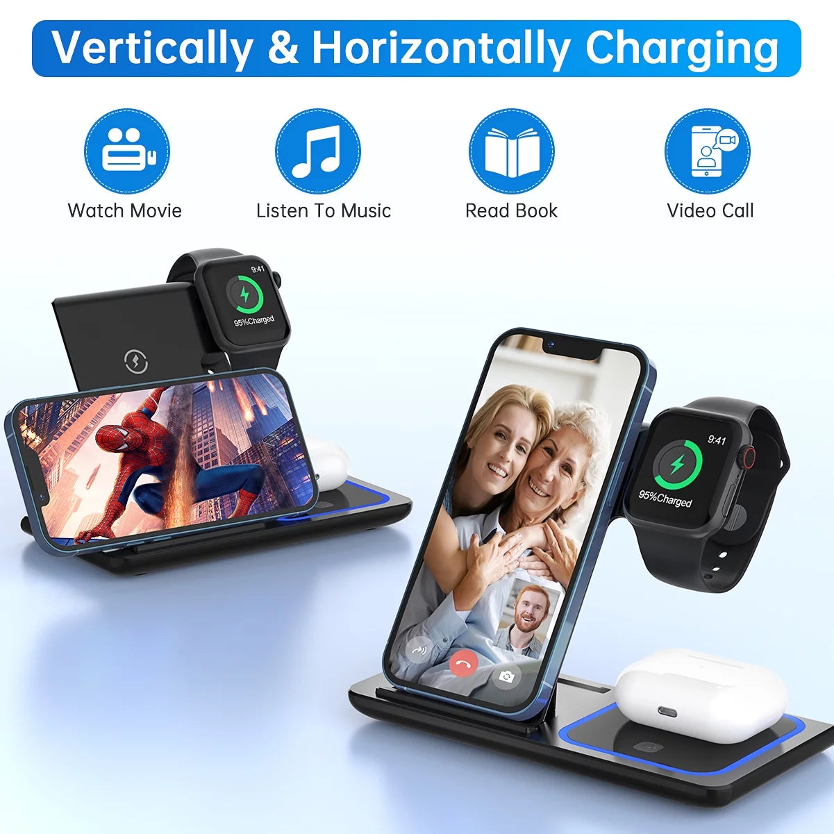 18W Fast Wireless Charging Station – 3-in-1 for iPhone, Apple Watch & AirPods with QC3.0 Adapter