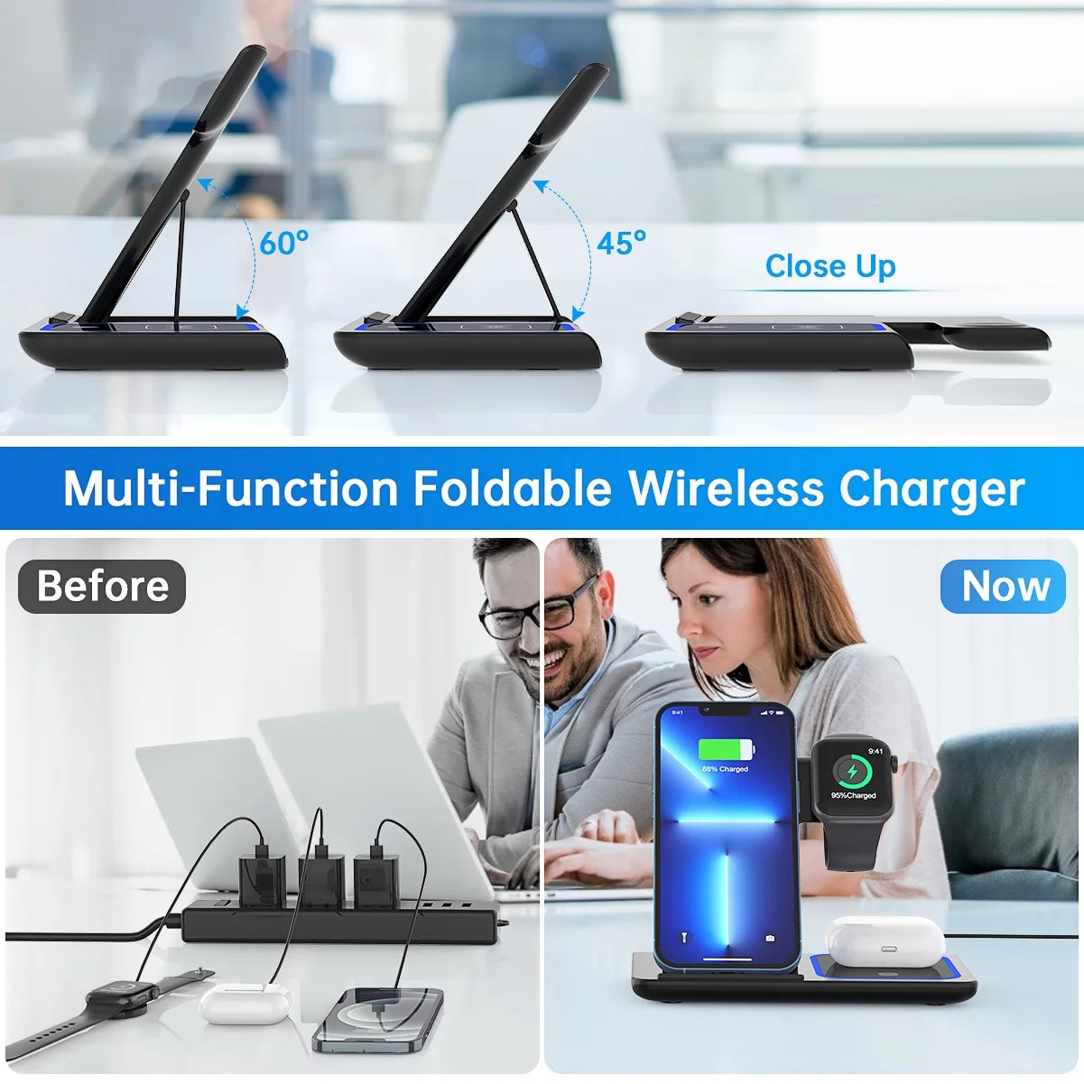 18W Fast Wireless Charging Station – 3-in-1 for iPhone, Apple Watch & AirPods with QC3.0 Adapter