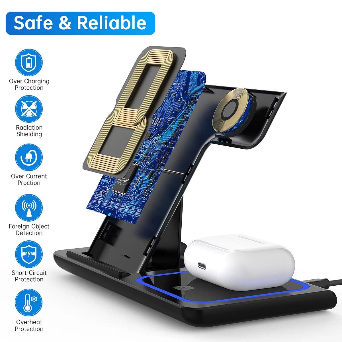 18W Fast Wireless Charging Station – 3-in-1 for iPhone, Apple Watch & AirPods with QC3.0 Adapter
