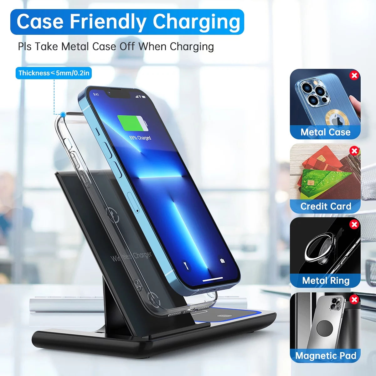 18W Fast Wireless Charging Station – 3-in-1 for iPhone, Apple Watch & AirPods with QC3.0 Adapter