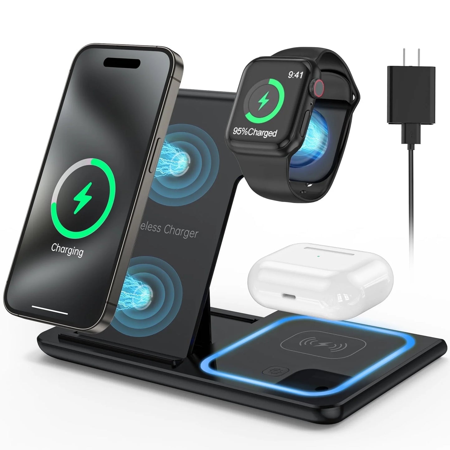 18W Fast Wireless Charging Station – 3-in-1 for iPhone, Apple Watch & AirPods with QC3.0 Adapter
