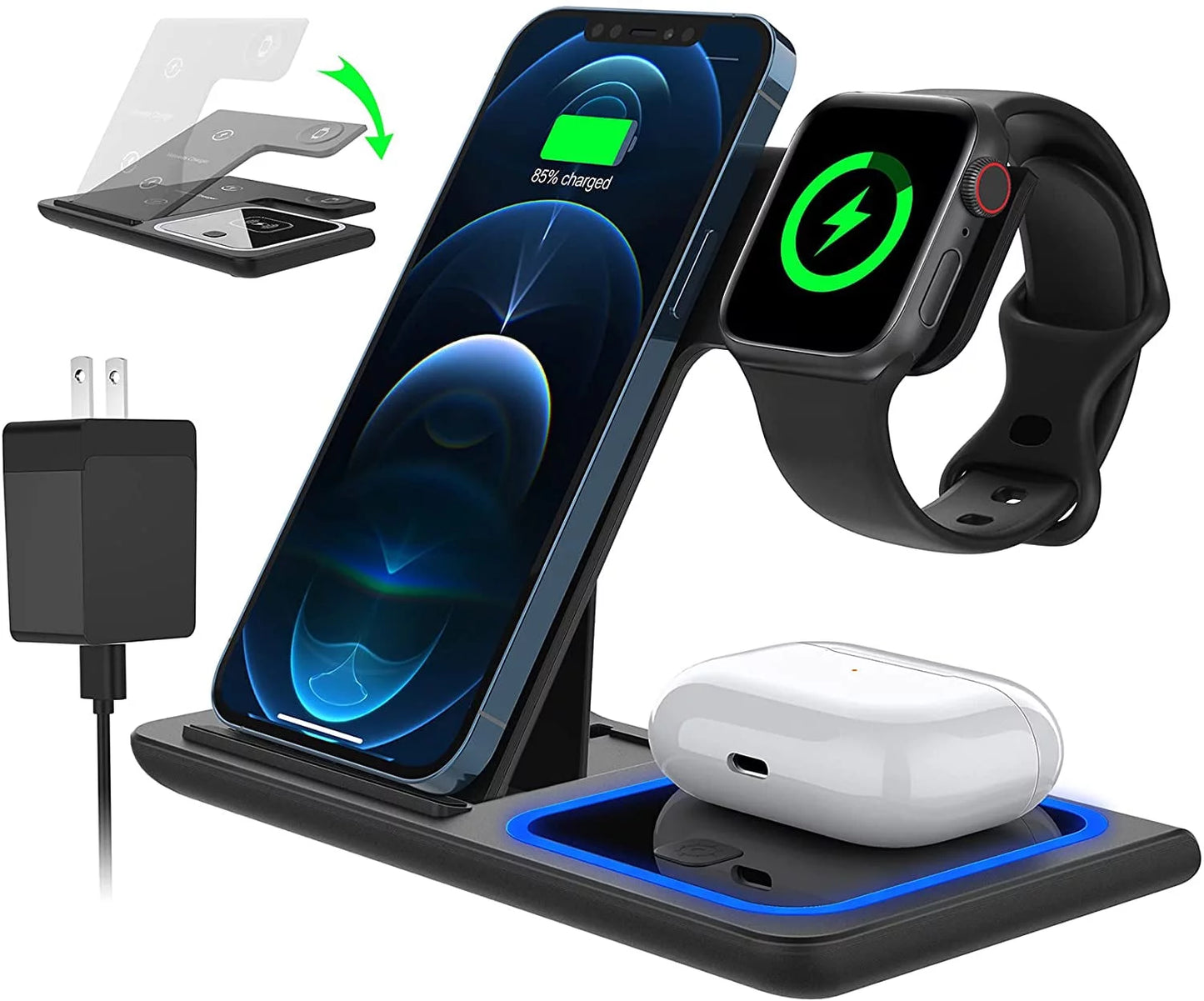 18W Fast Wireless Charging Station – 3-in-1 for iPhone, Apple Watch & AirPods with QC3.0 Adapter