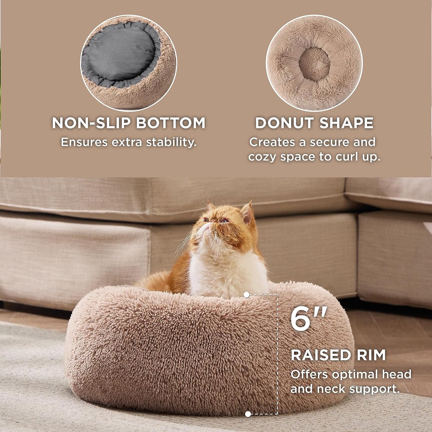 Cozy Calming Cat Bed – Washable 20" Round Plush Faux Fur with Anti-Slip Base, Perfect for Cats up to 15lbs – Camel