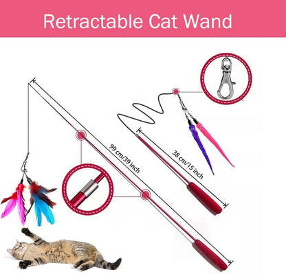 Interactive Cat Toy Wand – Retractable Feather Toy with Bells and Replacement Refills for Kitten Exercise and Play