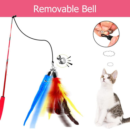 Interactive Cat Toy Wand – Retractable Feather Toy with Bells and Replacement Refills for Kitten Exercise and Play