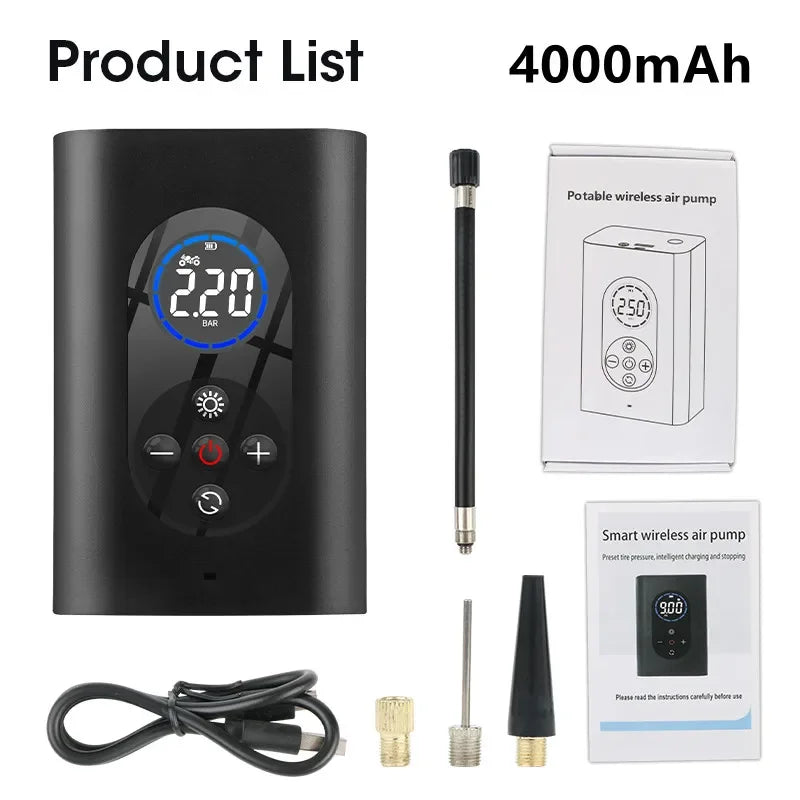 Portable Wireless Air Pump – USB Rechargeable Compressor for Tires, Bikes, Motorcycles, and Balls