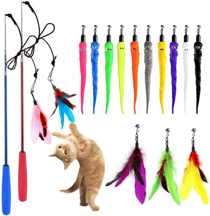 Interactive Cat Toy Wand – Retractable Feather Toy with Bells and Replacement Refills for Kitten Exercise and Play