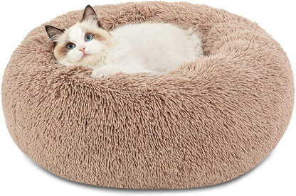 Cozy Calming Cat Bed – Washable 20" Round Plush Faux Fur with Anti-Slip Base, Perfect for Cats up to 15lbs – Camel