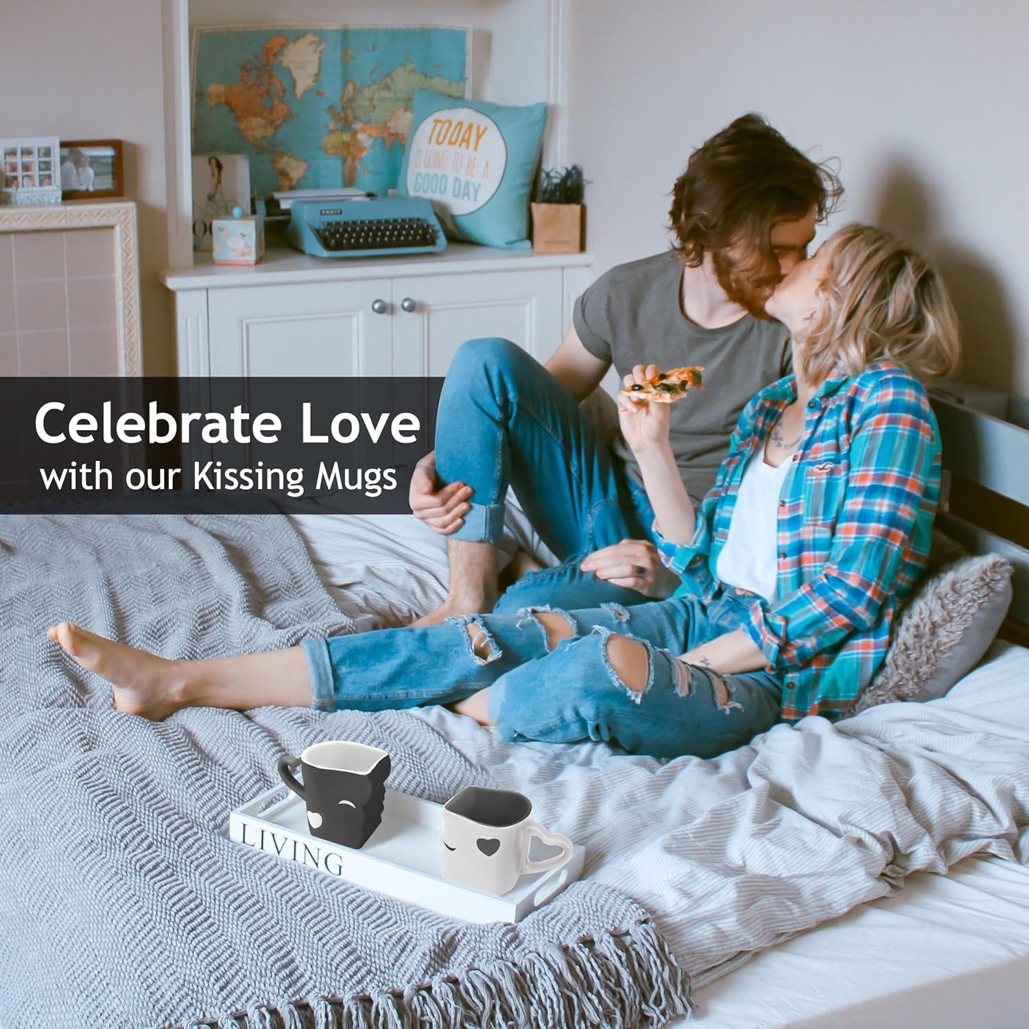 Ceramic Coffee Mugs Set – Kissing Mugs with Gift Box (Gray) | Perfect for Couples & Special Occasions