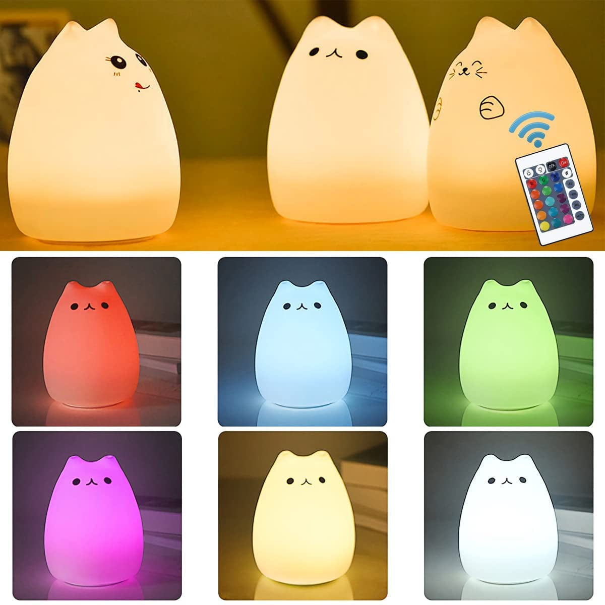 4-Piece Set: Rechargeable Cat Lamp with Remote Control – Cute Kawaii Silicone Night Light for Kids, Toddlers & Baby Girls – Soft White Nightlight