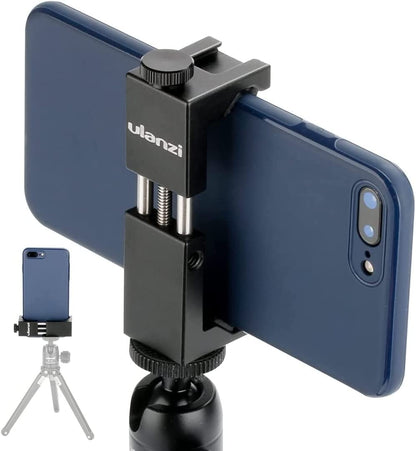 ST-02S Aluminum Phone Tripod Mount with Cold Shoe – Adjustable Clamp for iPhone & Android Smartphones (Supports Vertical & Horizontal Use)