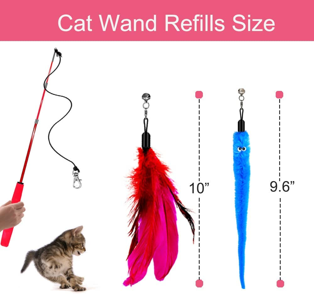 Interactive Cat Toy Wand – Retractable Feather Toy with Bells and Replacement Refills for Kitten Exercise and Play