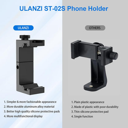 ST-02S Aluminum Phone Tripod Mount with Cold Shoe – Adjustable Clamp for iPhone & Android Smartphones (Supports Vertical & Horizontal Use)