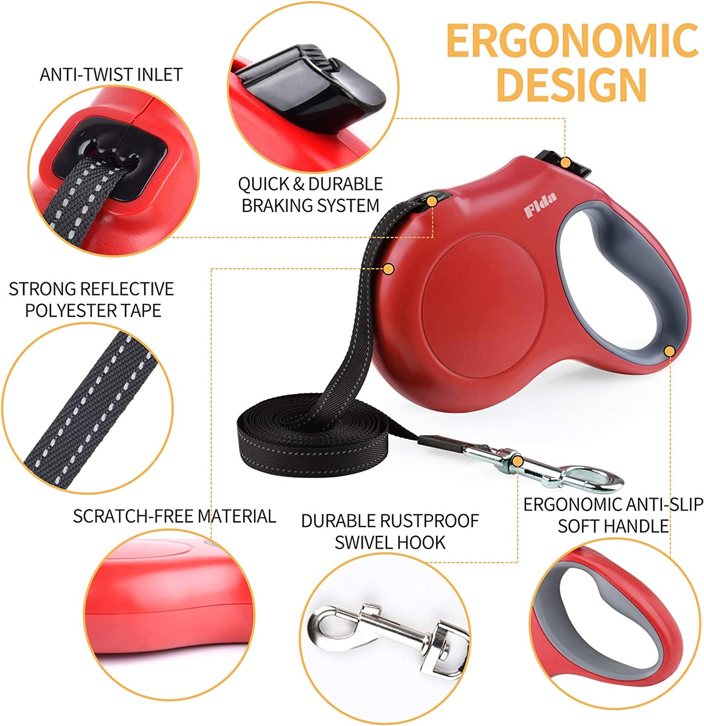 Retractable Dog Leash with Dispenser & Poop Bags – 16 Ft, Red